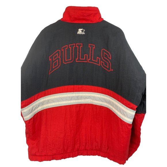 90s Vintage Chicago Bulls NBA Starter Pullover 1/4 Zip Jacket Red XLarge 6700 - Picture 7 of 16